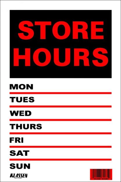 SIGN "STORE HOURS" 8"X12" 1170252