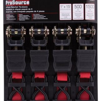 ProSource FH64069 Tie-Down, 1 in W, 15 ft L, Polyester Webbing, Metal Ratchet, Red, 500 lb, S-Hook End Fitting