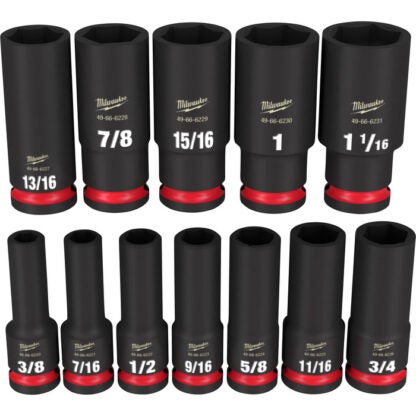 Milwaukee 49-66-7011 Shockwave 1/2 Inch Drive SAE Deep Well Impact Socket Set (12-Piece)