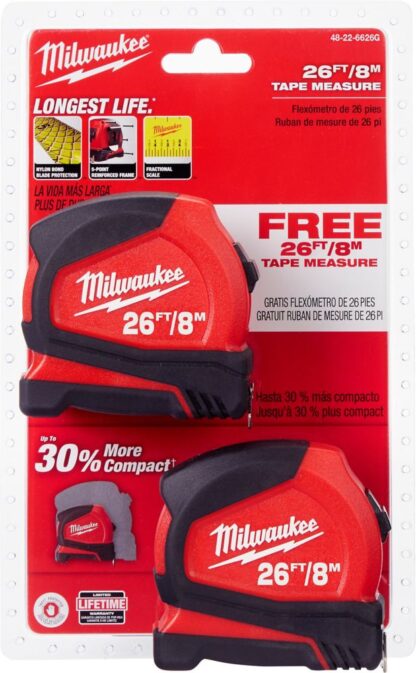 Milwaukee Tool 8 M/26 Ft. Compact Tape Measure (2 Pack)