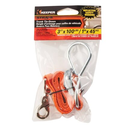 Keeper 85110 Trunk Tie-Down, 1 in W, 3 ft L, Orange, 100 lb, Looped Hook, Snap Hook End Fitting