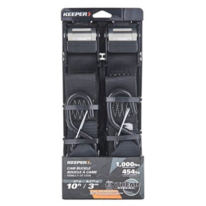 Keeper 47309 Tie-Down Cam Buckle Strap with S-Hooks, 2 in W, 10 ft L, 1000 lb Working Load, Black