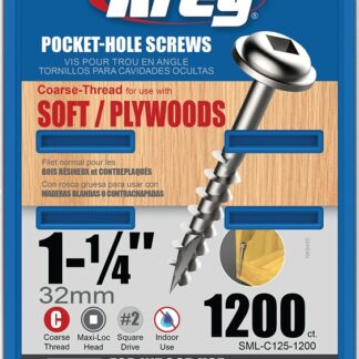 Kreg SML-C125-1200 Pocket-Hole Screw, #8 Thread, 1-1/4 in L, Coarse Thread, Maxi-Loc Head, Square Drive, Carbon Steel