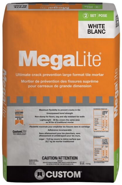 Custom MegaLite Series CMLMW30 Tile Mortar, White, Powder, 30 lb, Bag