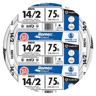 Romex 47174876 Building Wire, White Sheath, 14 AWG Wire, 2-Conductor, 75 m L, Copper Conductor, PVC Insulation