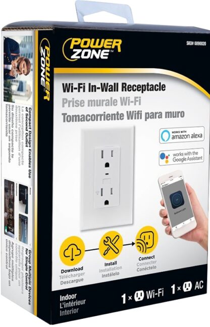 PowerZone ORWFIRC01 Wi-Fi Controlled Receptacle, 1-Pole, 125 V, Grounded Socket, Wi-Fi, White