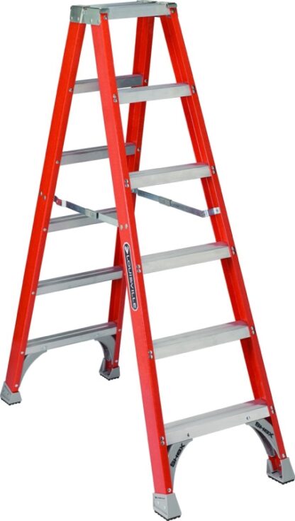 Louisville FM1506 Twin Step Ladder, 125 in Max Reach H, 5-Step, 300 lb, Type IA Duty Rating, 3 in D Step, Fiberglass