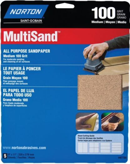 NORTON MultiSand 07660747735 Abrasive Sheet, 11 in L, 9 in W, Medium, P100 Grit, Aluminum Oxide Abrasive