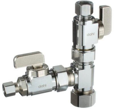 Dahl mini-ball E33-5000 Dual Shut-Off Valve, 5/8 x 3/8 x 1/4 in Connection, Compression, Manual Actuator, Brass Body