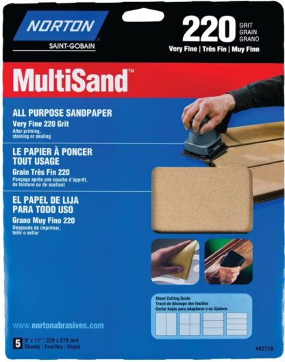 NORTON MultiSand 07660747710 Sanding Sheet, 11 in L, 9 in W, Very Fine, 220 Grit, Aluminum Oxide Abrasive