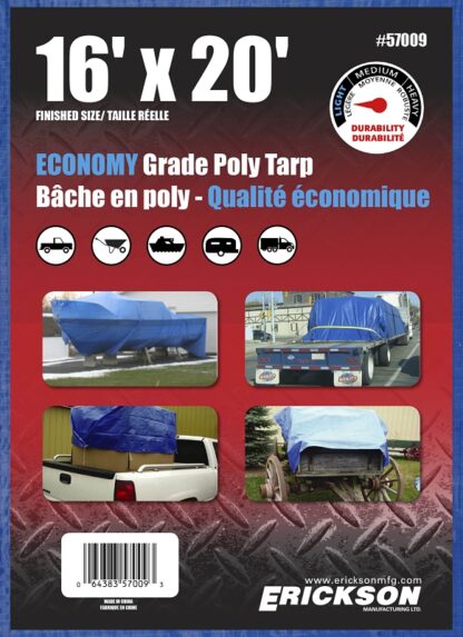 Erickson 57009 All-Purpose Tarp, 20 ft L, 16 ft W, 4 mm Thick, Polyethylene, Blue