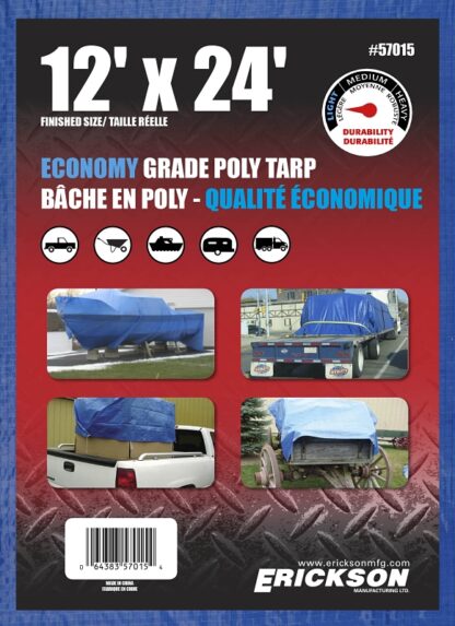 Erickson 57015 Economy-Grade Tarp, 24 ft L, 12 ft W, Poly, Blue