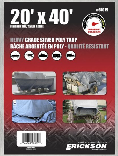 Erickson 57019 Heavy-Grade Tarp, 40 ft L, 20 ft W, Poly, Silver