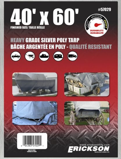 Erickson 57029 Heavy-Grade Tarp, 60 ft L, 40 ft W, Poly, Silver