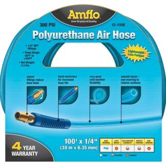 Amflo 12-100E Air Hose, 1/4 in OD, 100 ft L, MNPT, 300 psi Pressure, Polyurethane, Blue