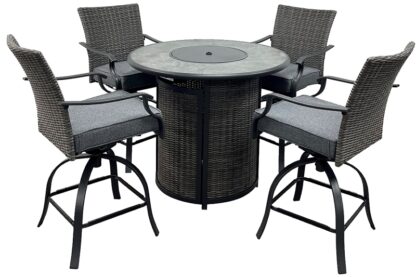 Seasonal Trends SH23S0880P Willow Creek Patio Bar Set w/Firepit Table, Cushion/Steel/Tile/Wicker, Charcoal/Gray