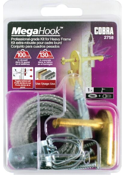 Cobra Anchors Mega Hook 2758 Picture Hook, 100 lb, Zinc, Brass