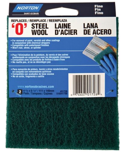 NORTON 01728 Steel Wool, 4-3/8 in L, 5-1/2 in W, #0 Grit, Fine, Green