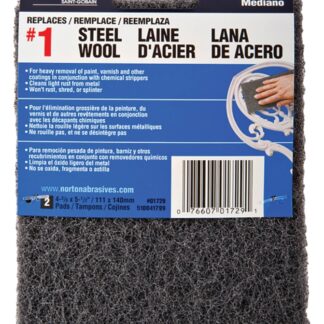 NORTON 01729 Steel Wool, 4-3/8 in L, 5-1/2 in W, #1 Grit, Medium, Charcoal