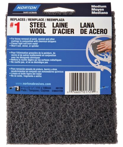 NORTON 01729 Steel Wool, 4-3/8 in L, 5-1/2 in W, #1 Grit, Medium, Charcoal