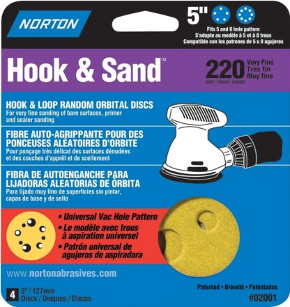 NORTON 02001 Sanding Disc, 5 in Dia, Coated, P220 Grit, Very Fine, Aluminum Oxide Abrasive, C-Weight Paper Backing