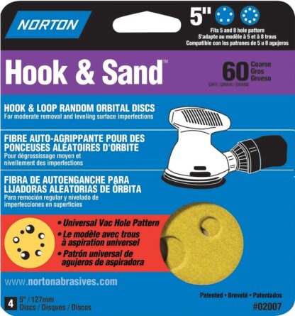 NORTON 02007 Sanding Disc, 5 in Dia, Coated, P60 Grit, Coarse, Aluminum Oxide Abrasive, Universal Vacuum