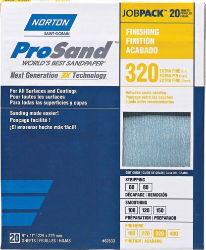 NORTON ProSand 07660768166 Sanding Sheet, 11 in L, 9 in W, Extra Fine, 320 Grit, Aluminum Oxide Abrasive