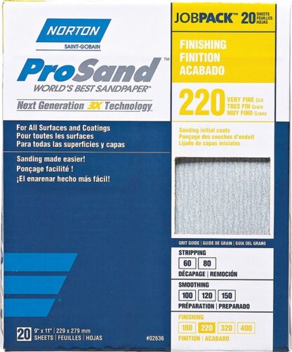 NORTON ProSand 07660768167 Sanding Sheet, 11 in L, 9 in W, Very Fine, 220 Grit, Aluminum Oxide Abrasive