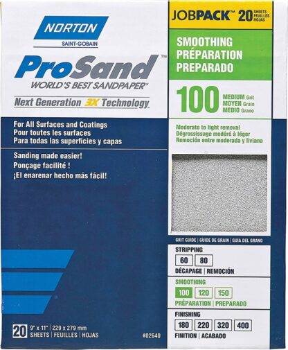 NORTON ProSand 07660768173 Sanding Sheet, 11 in L, 9 in W, Medium, 100 Grit, Aluminum Oxide Abrasive