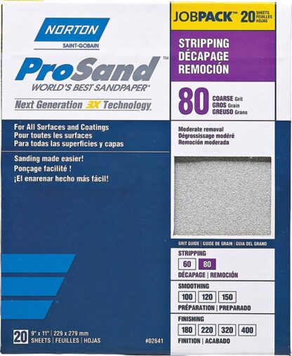 NORTON ProSand 07660768174 Sanding Sheet, 11 in L, 9 in W, Coarse, 80 Grit, Aluminum Oxide Abrasive, Paper Backing