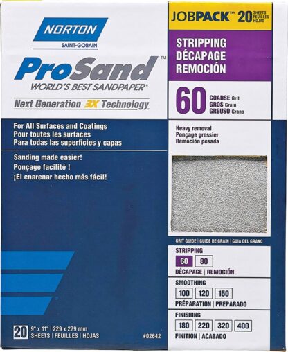 NORTON ProSand 07660768175 Sanding Sheet, 11 in L, 9 in W, Coarse, 60 Grit, Aluminum Oxide Abrasive, Paper Backing