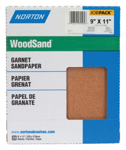 NORTON WoodSand 07660705505 Sanding Sheet, 11 in L, 9 in W, Medium, 100 Grit, Garnet Abrasive, Paper Backing