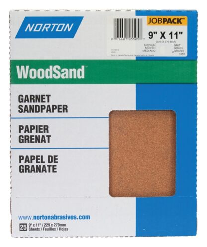 NORTON WoodSand 07660705507 Sanding Sheet, 11 in L, 9 in W, Fine, 150 Grit, Garnet Abrasive, Paper Backing