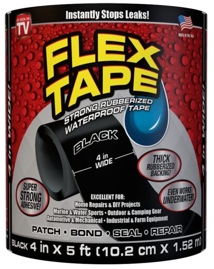 Flex Tape TFSBLKC0405 Tape, 5 ft L, 4 in W, Rubber Backing, Black