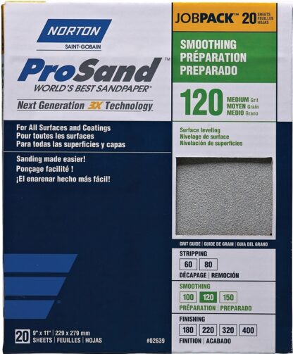 Norton ProSand 07660702628 Sanding Sheet, 11 in L, 9 in W, Medium, 120 Grit, Aluminum Oxide Abrasive, Paper Backing Sells in Quantity of 100