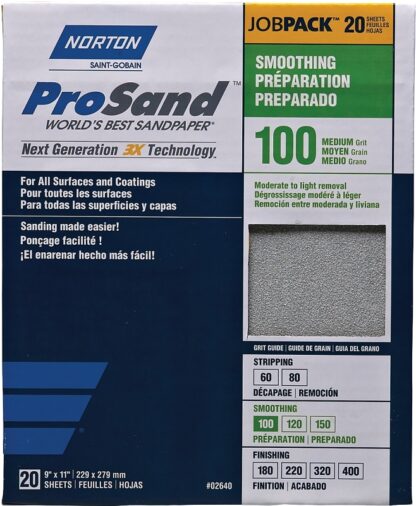 Norton ProSand 07660702629 Sanding Sheet, 11 in L, 9 in W, Medium, 100 Grit, Aluminum Oxide Abrasive, Paper Backing Sells in Quantity of 50