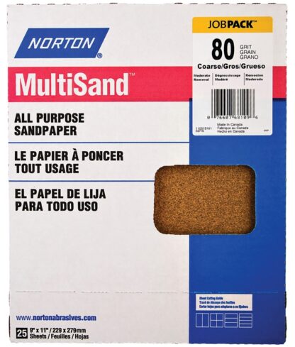 NORTON Adalox 07660700151 Sanding Sheet, 11 in L, 9 in W, Coarse, 80 Grit, Aluminum Oxide Abrasive, Paper Backing Sells in Quantity of 50