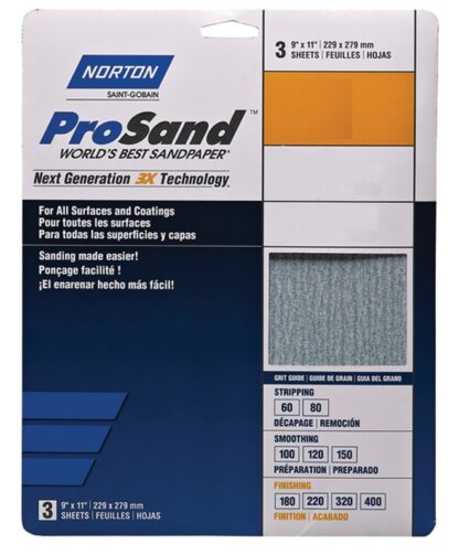 NORTON ProSand 07660702624 Sanding Sheet, 11 in L, 9 in W, Extra Fine, 320 Grit, Aluminum Oxide Abrasive Sells in Quantity of 100