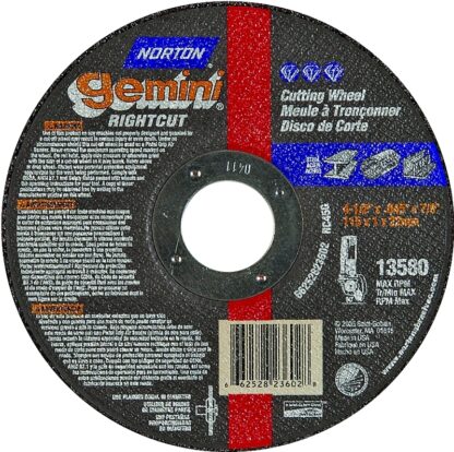 Norton 66252823602 Cut-Off Wheel, 4-1/2 in Dia, 0.045 in Thick, 7/8 in Arbor, 36 Grit, Coarse, Aluminum Oxide Abrasive