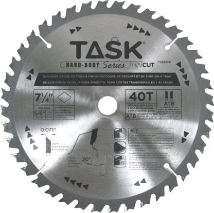 Task Hardbody T22652B Finishing Saw Blade, 7-1/4 in Dia, 5/8 in Arbor, 40-Teeth, Carbide Cutting Edge