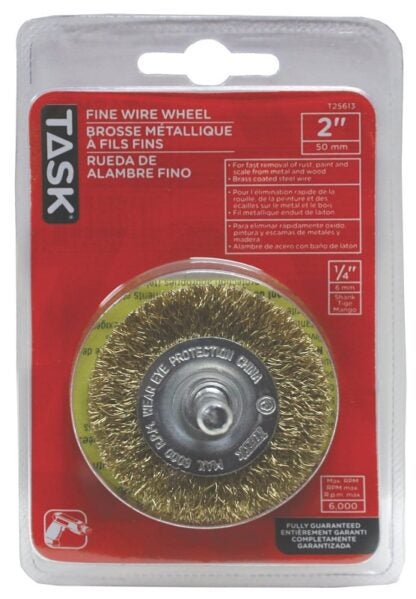 Task T25613 Wire Wheel, 2 in Dia, 1/4 in Arbor/Shank, Crimped Bristle, Steel Bristle