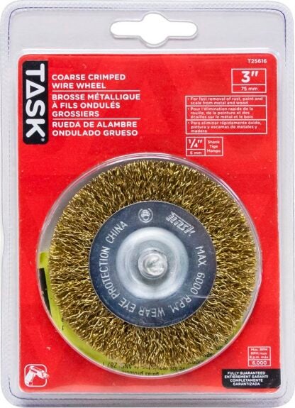 Task T25616 Wire Wheel, 1/4 in Arbor/Shank, Crimped Bristle, 3 in Dia Bristle