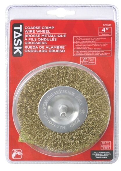 Task T25618 Wire Wheel Brush, 4 in Dia, 1/4 in Arbor/Shank, Crimped Bristle, Steel Bristle