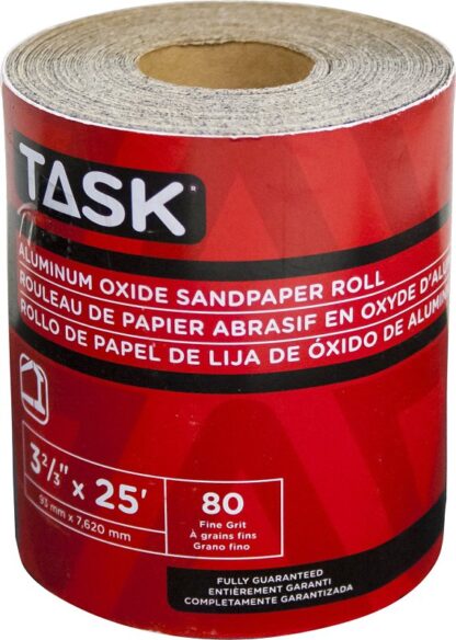 Task T32310 Sandpaper Roll, 3-2/3 in W, 25 ft L, 80 Grit, Fine, Aluminum Oxide Abrasive