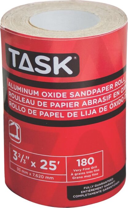 Task T32318 Sandpaper Roll, 3-2/3 in W, 25 ft L, 180 Grit, Very Fine, Aluminum Oxide Abrasive