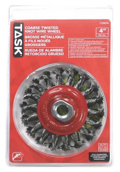 Task T25676 Wire Wheel, 4 in Dia, 5/8-11 in Arbor/Shank, Knotted, Twisted Bristle, Steel Bristle