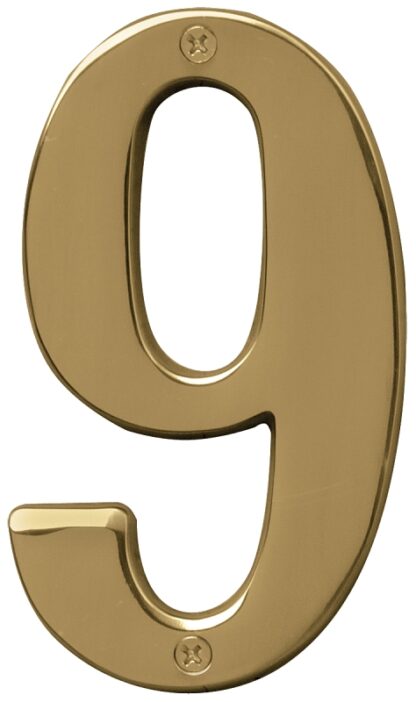 Hy-Ko Prestige Series BR-51PB/9 House Number, Character: 9, 5 in H Character, Brass Character, Solid Brass Sells in Quantity of 3