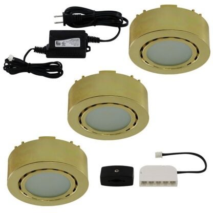 Liteline UCP-LED3-PB Puck Light Kit, 12 V, 5 W, 3-Lamp, LED Lamp, 130 Lumens, 3000 K Color Temp, Polished Brass Fixture