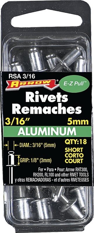 Arrow RSA3/16 Pop Rivet, Short, 1/8 in L, Aluminum