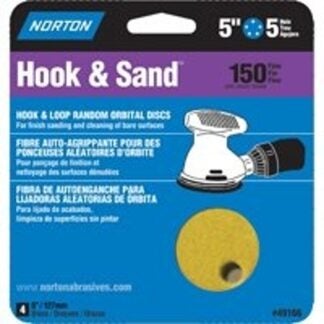 NORTON 49166 Sanding Disc, 5 in Dia, Coated, P150 Grit, Fine, Aluminum Oxide Abrasive, C-Weight Paper Backing